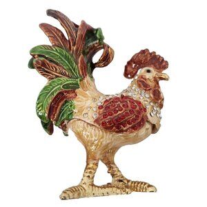 Rooster Crystal Alloy Metal Art Trinket Box Ring Box Rhinestones Qifu India New